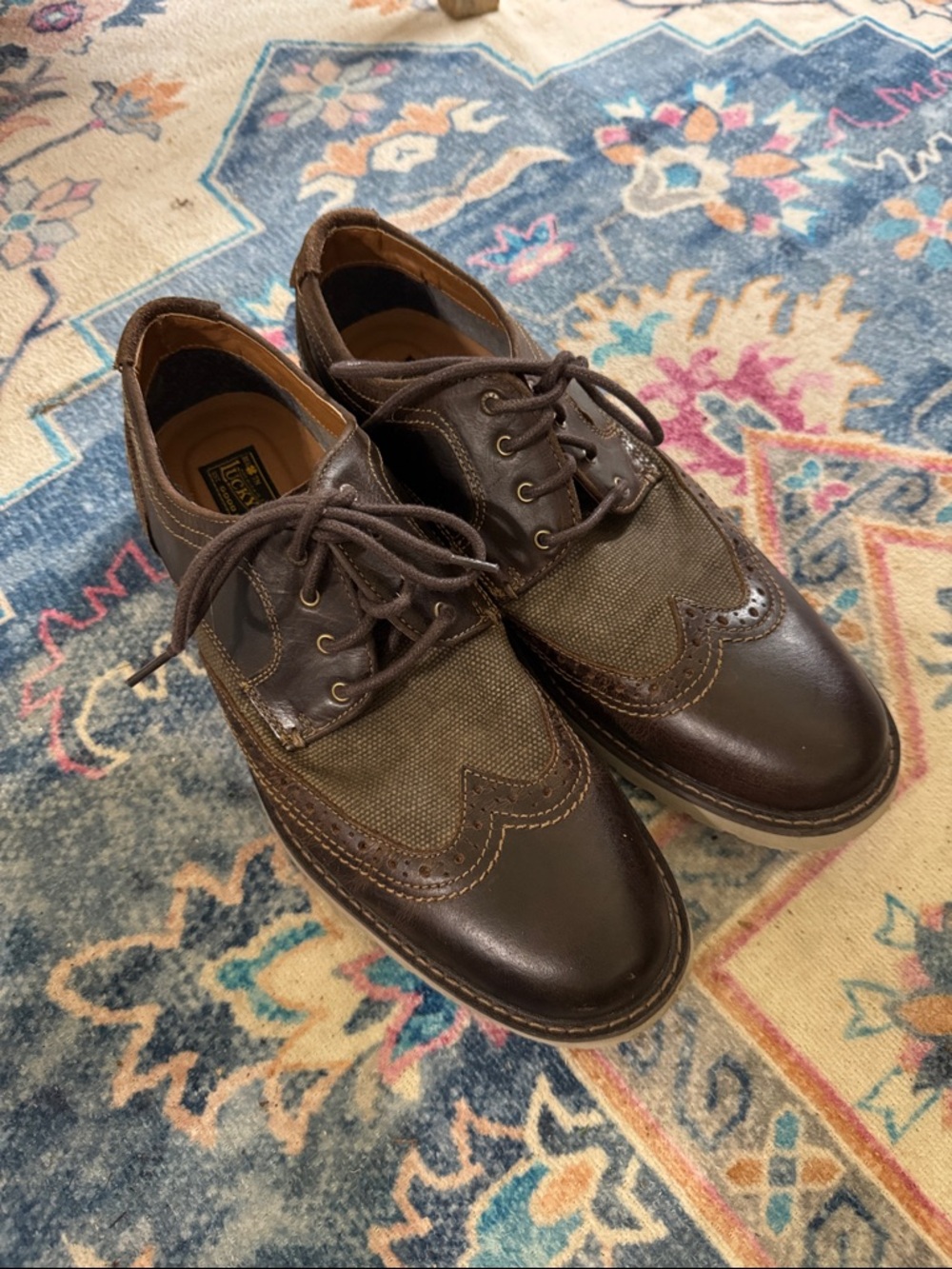 Lucky Brand Brown Leather and Olive Canvas Wingtip Derbys